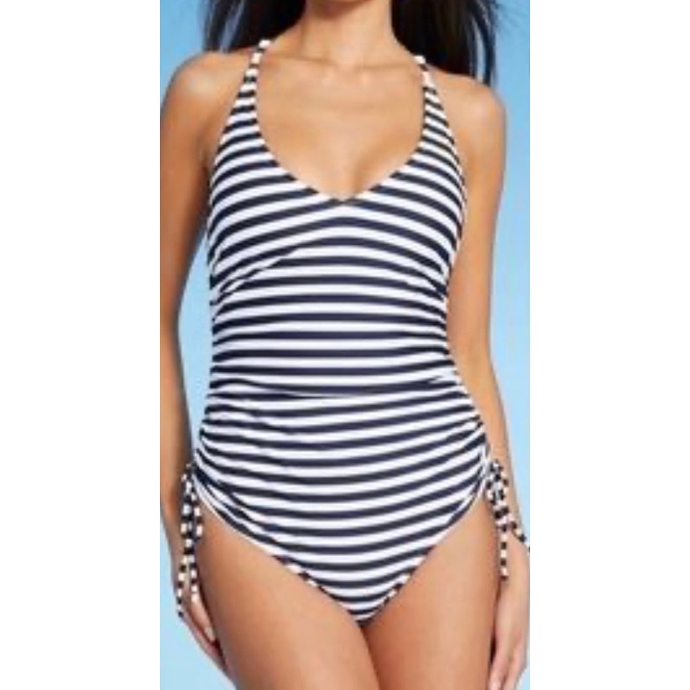 Palisades Beach Club One Piece Swimsuit Striped Navy Blue & White NWOT …